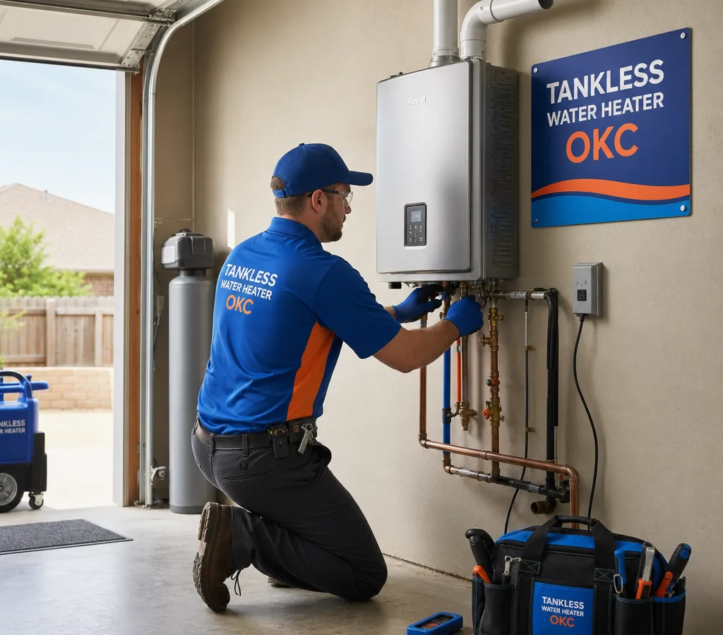 Technician installing a compact indoor tankless water heater with battery ignition on an Oklahoma City utility-room wall