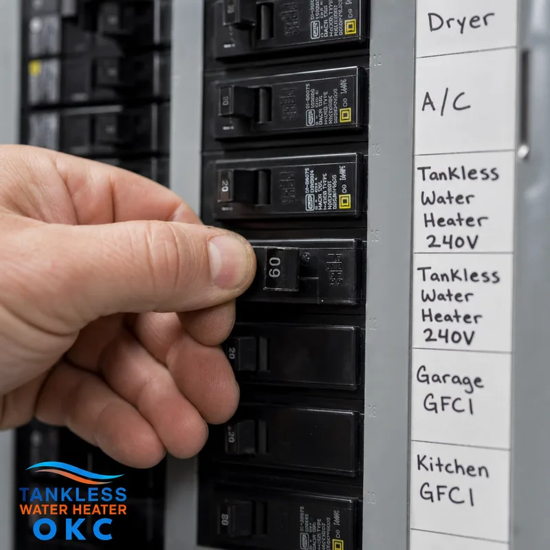 Organized electrical panel with labeled dedicated circuits for an electric tankless water heater