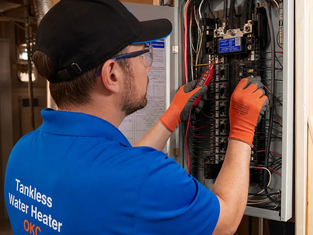 Technician inspecting an electrical panel for breaker space and verifying wire gauge before installing a whole-home electric tankless water heater