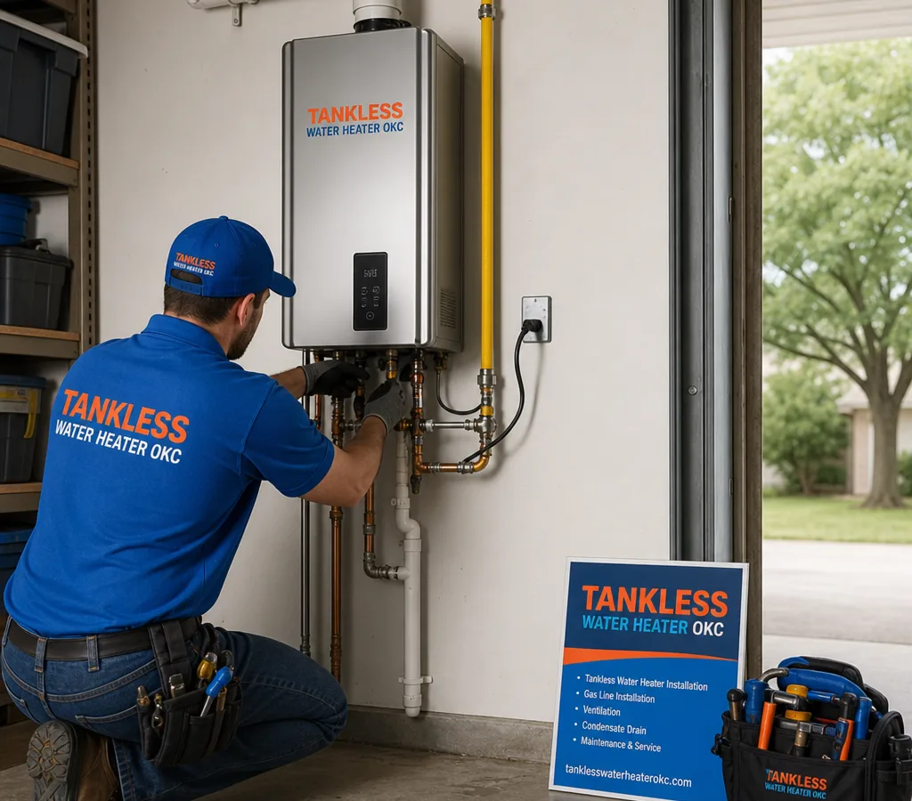 Licensed technician installing a wall-mounted natural gas tankless water heater in an Oklahoma City utility room with gas line, venting, and condensate routing visible