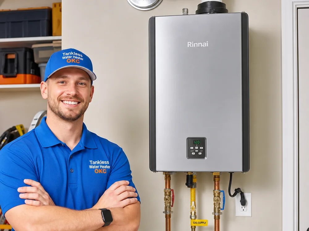 Completed natural gas tankless water heater replacement with straight piping, labeled shutoffs, and a clean vent connection in an Oklahoma City utility room