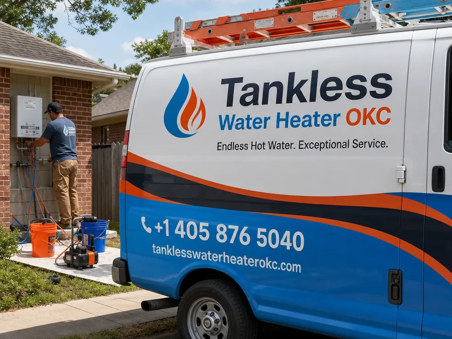 Technician testing a nearby faucet while monitoring tankless heater ignition and outlet temperature
