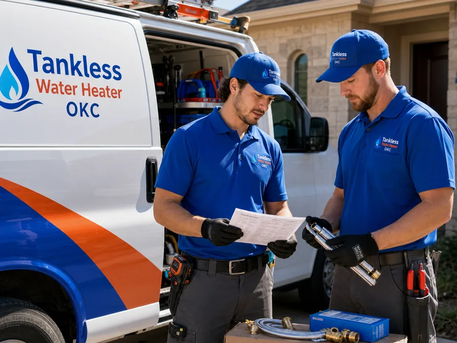 Two uniformed technicians beside a service van reviewing an installation checklist and parts before entering an Oklahoma City home